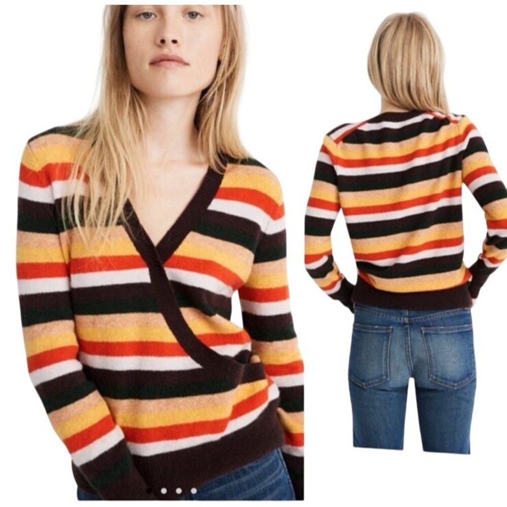 MADEWELL Womens Large Wrap Front pullover Sweater Stripe Multicolor Alpaca Wool